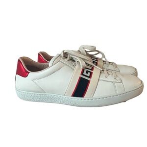 Authentic Gucci White Sneakers with Metallic Red Accents